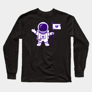 Cute Astronaut Standing With Flag Cartoon Long Sleeve T-Shirt